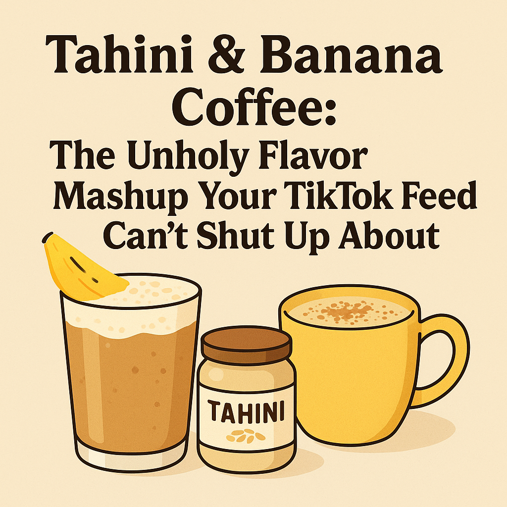 Digital illustration of a featured blog image titled "Tahini & Banana Coffee: The Unholy Flavor Mashup Your TikTok Feed Can’t Shut Up About." The image shows a banana coffee drink with a banana slice, a jar labeled "Tahini," and a yellow mug of tahini coffee on a beige background, styled in a playful, minimalist design.